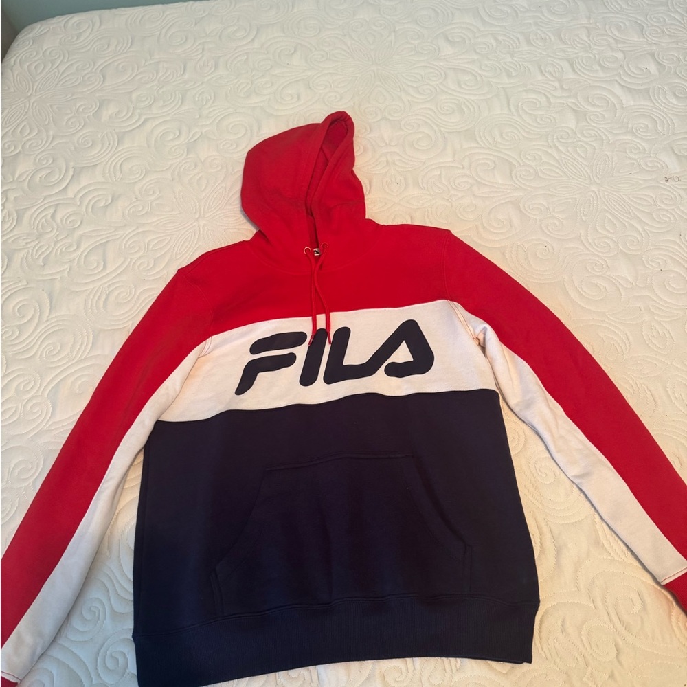 Red white and Navy vintage Fila hoodie with front pocket